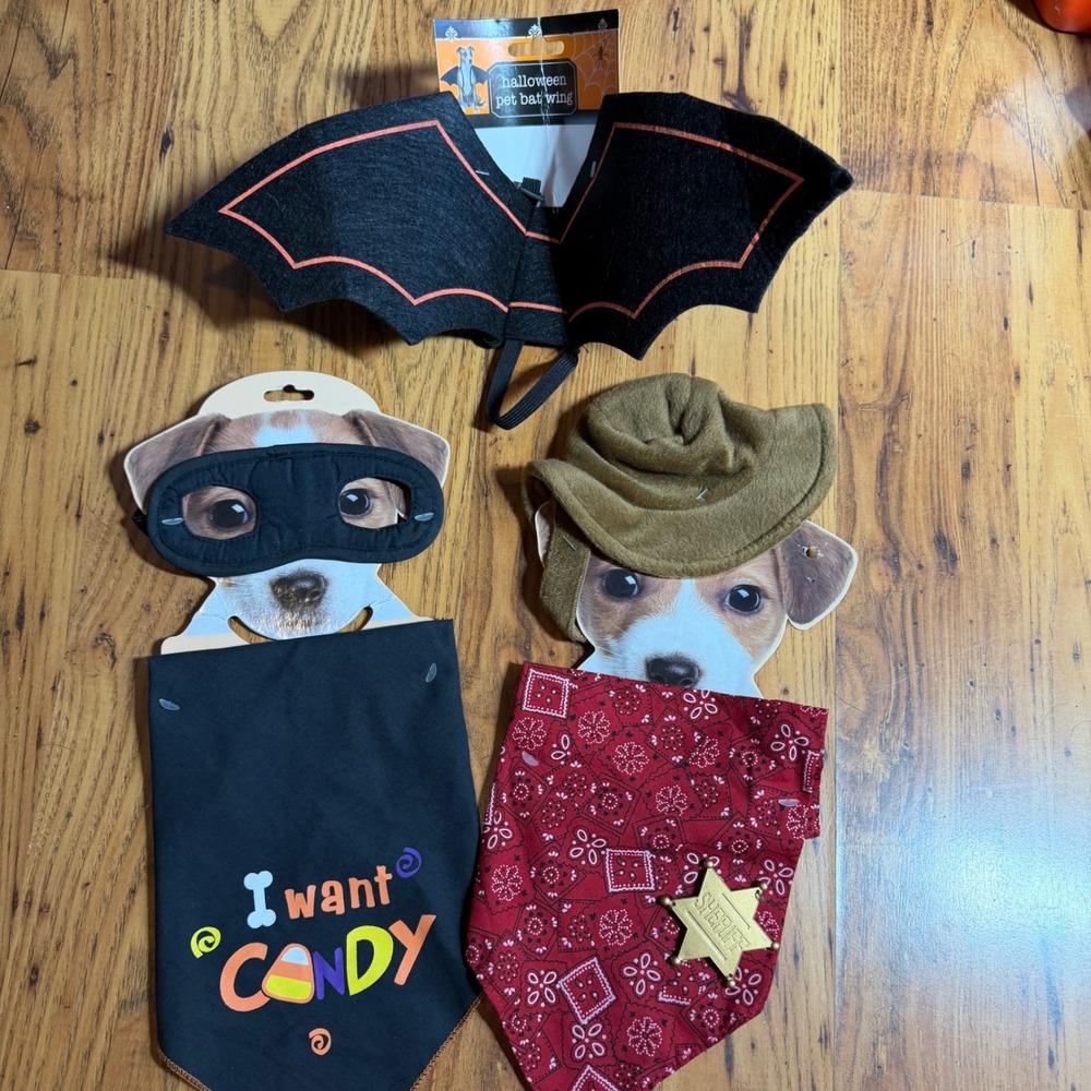 Halloween Pet Costume Bundle Bat Wings Sheriff Cowboy Bandit Mask 3pc Set